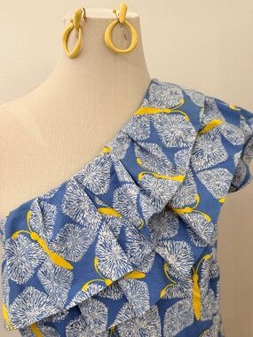 Lilly Pulitzer Blue, White & Yellow One-Shoulder Ruffle Mini Dress